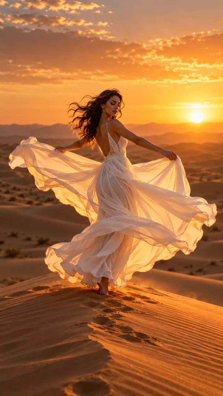 Dancer on a sand dune at golden hour